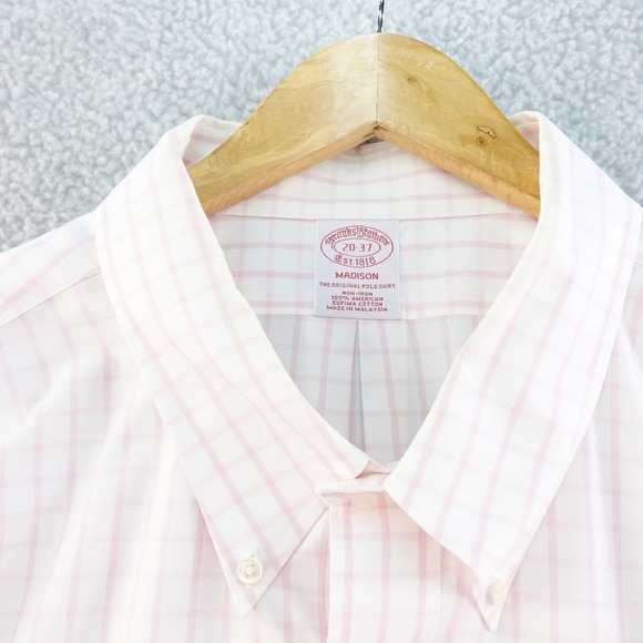 Brooks Brothers 20 37 White Pink Check Plaid ButtonDown Long Sleeve Shirt Supima - Picture 1 of 8